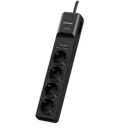 Cyberpower P0420SUD0-DE - Regleta Protectora contra Sobretensiones, 4 Tomas Schuko, 2 Puertos USB 2.4A, Interruptor, Cable 1.8m, 350 Julios, Color Negro